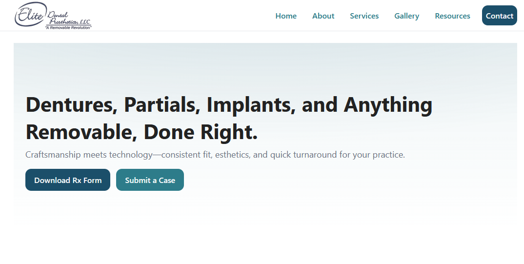 Elite Dental Prosthetics website screenshot